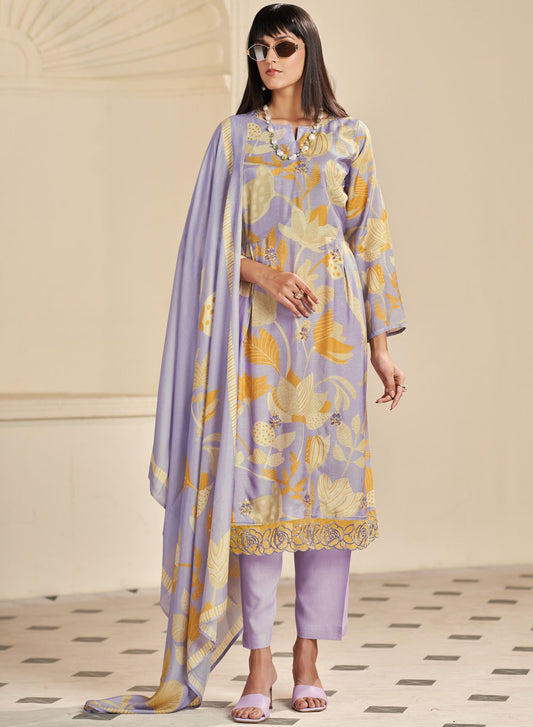 Party Wear Pure Muslin Purple Unstitched Salwar Suit Material for Women