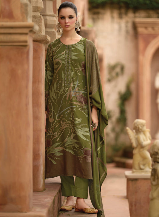 Fancy Pashmina Green Unstitched Winter Salwar Suit Dress Material