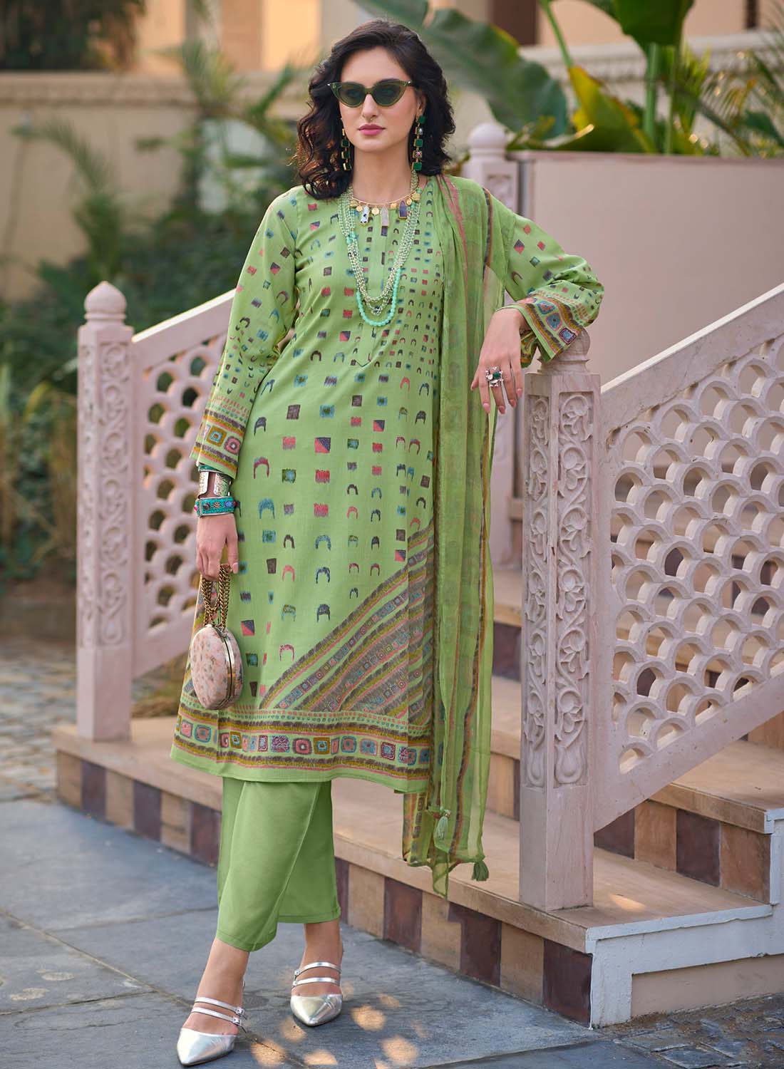 Green Pure Lawn Cotton Unstitched Salwar Suit Material with Dupatta