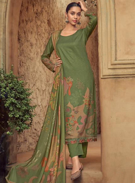 Green Winter Pashmina Unstitched Salwar Suit Set Material for Women
