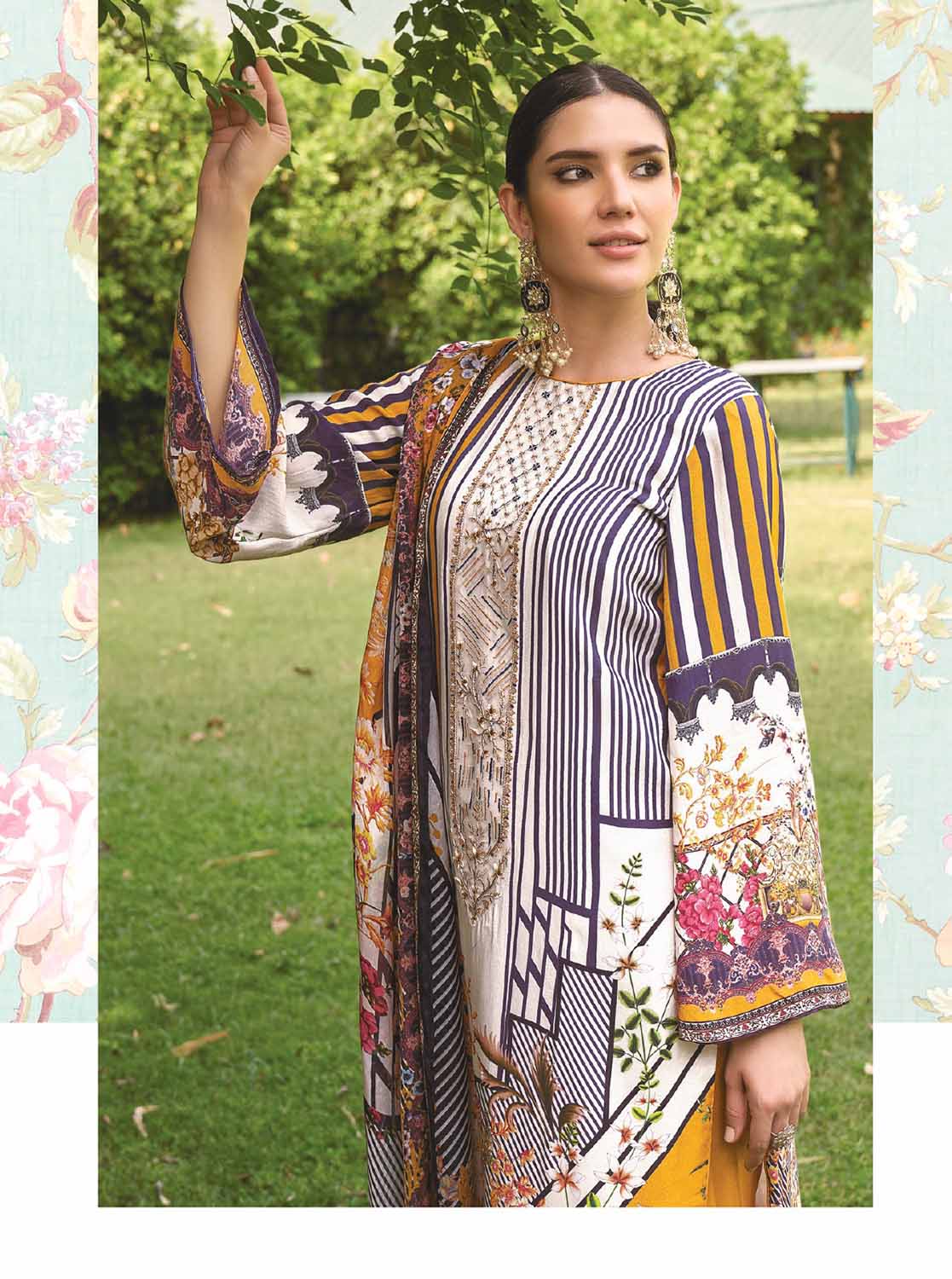 AQSA Unstitched Cotton Pakistani Suit Fabric with Embroidery