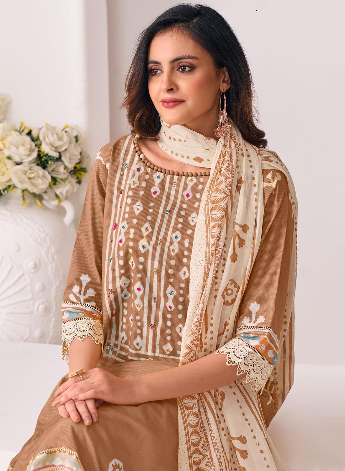 Block Print Brown Unstitched Cotton Suit Dress Material with Dupatta