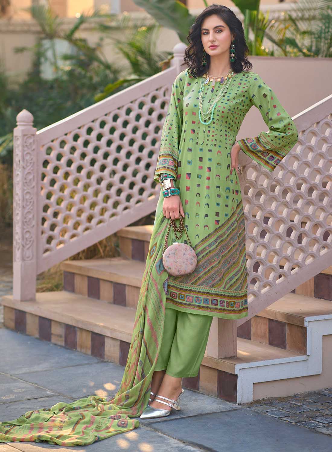 Green Pure Lawn Cotton Unstitched Salwar Suit Material with Dupatta