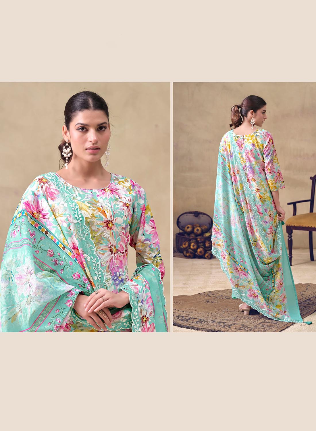 Lawn Cotton Unstitched Salwar Suit Material with Chikankari Embroidery