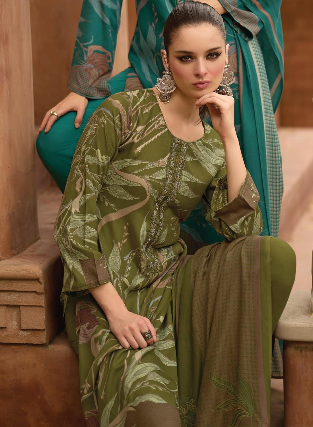 Fancy Pashmina Green Unstitched Winter Salwar Suit Dress Material