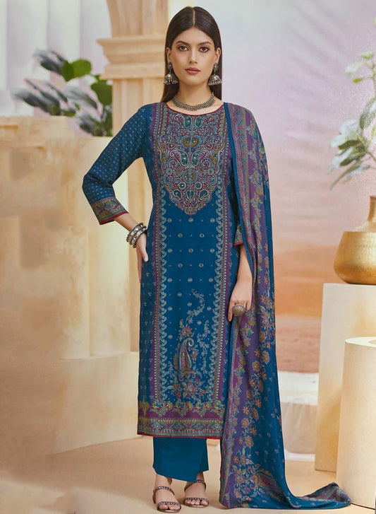 Teal Blue Pashmina Unstitched Winter Salwar Suit Set Material for Women