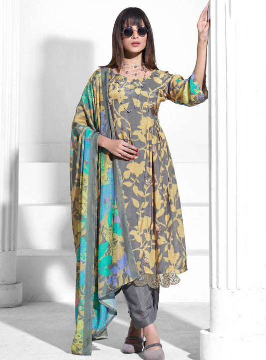 Party Wear Pure Muslin Grey Unstitched Suit Dress Material for Women