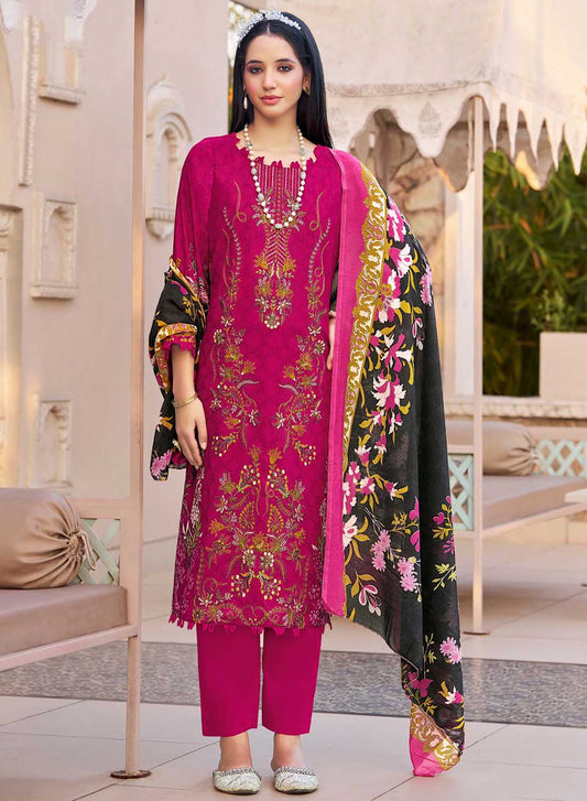 Pure Cotton Pakistani Print Pink Unstitched Suit Material with Embroidery