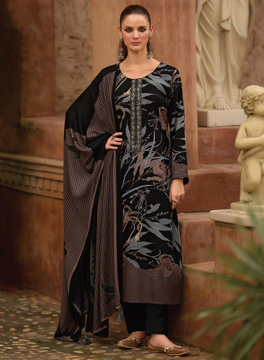 Fancy Pashmina Black Unstitched Winter Salwar Suit Dress Material