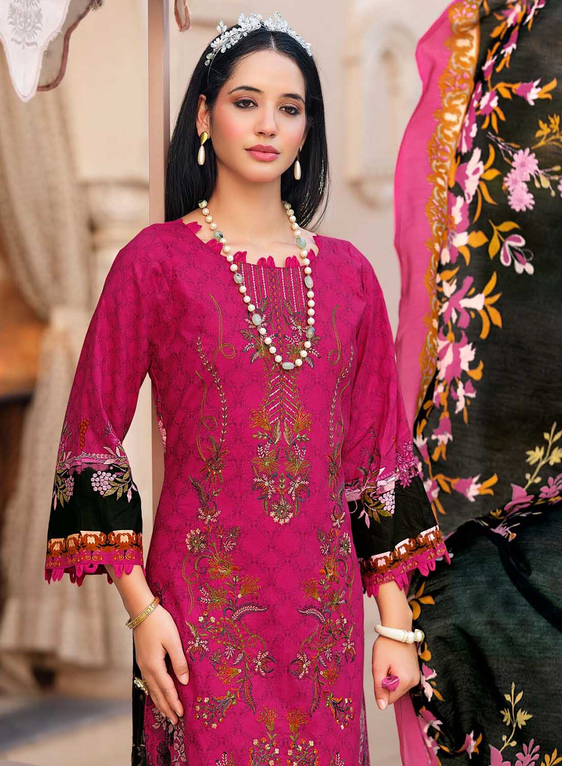Pure Cotton Pakistani Print Pink Unstitched Suit Material with Embroidery