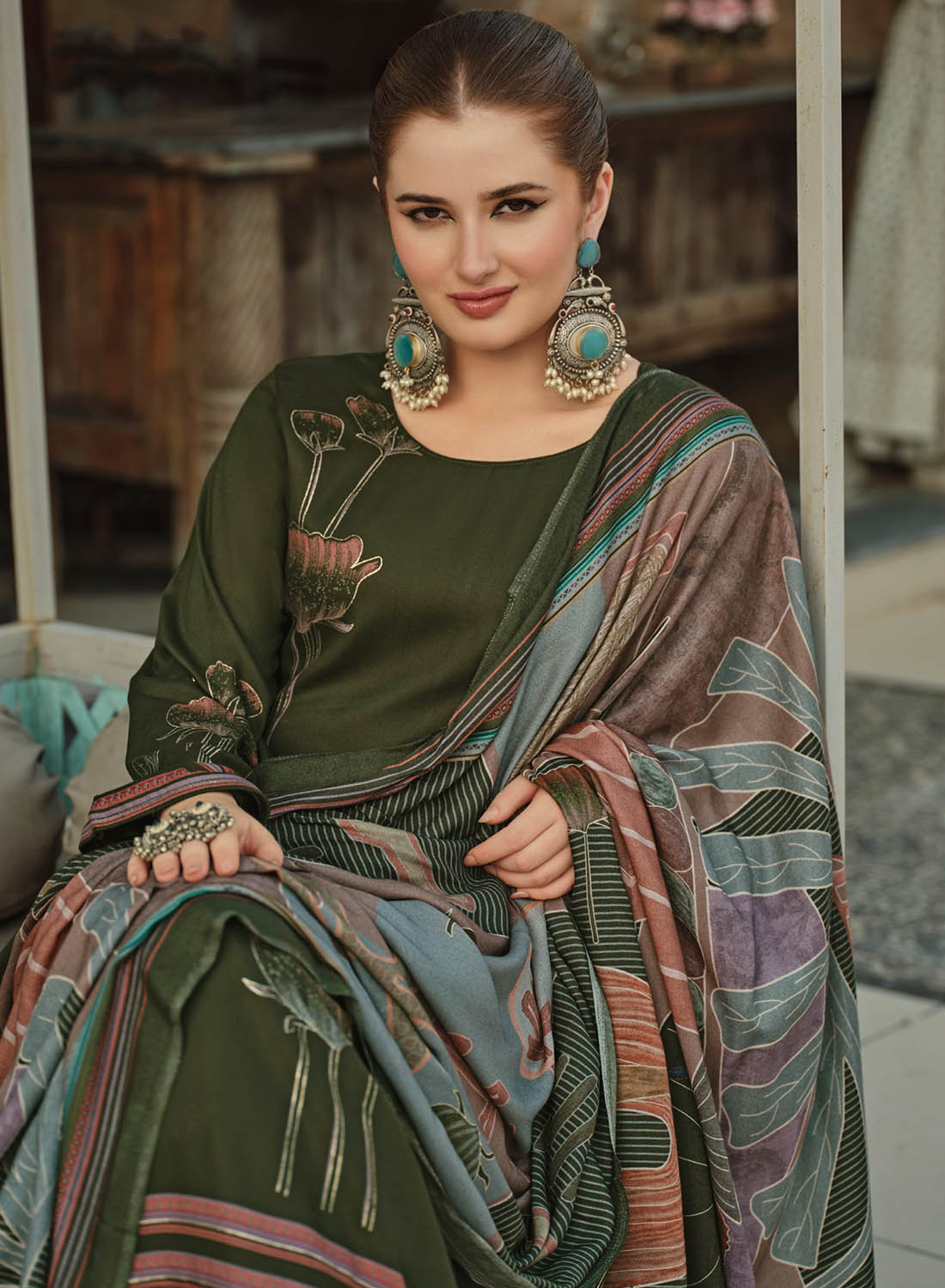 Green Pashmina Foil Print Unstitched Winter Suit Material with Embroidery