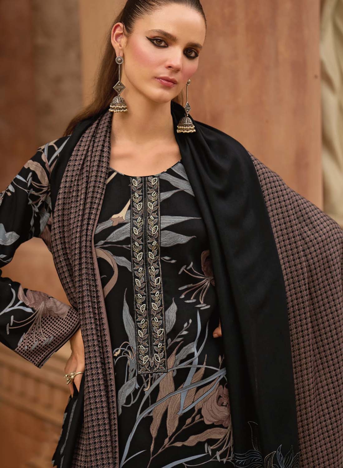 Fancy Pashmina Black Unstitched Winter Salwar Suit Dress Material