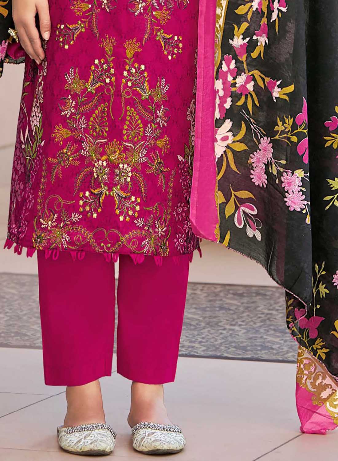 Pure Cotton Pakistani Print Pink Unstitched Suit Material with Embroidery