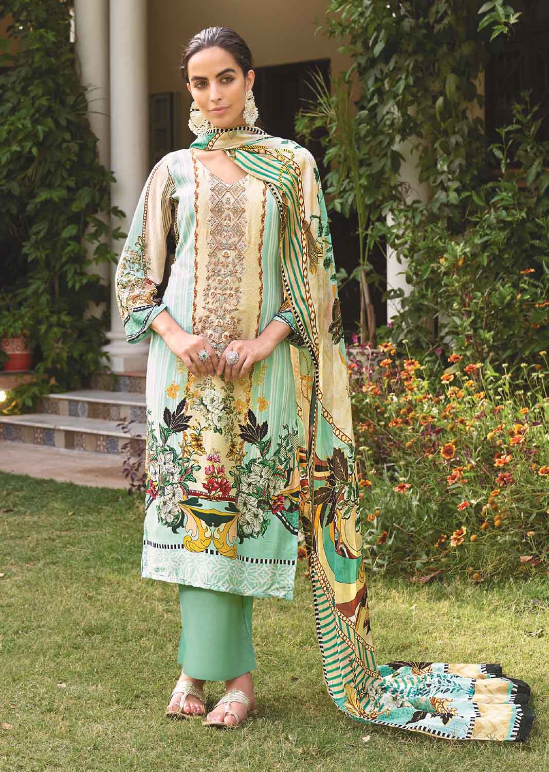 AQSA Unstitched Cotton Pakistani Salwar Suit Material with Embroidery