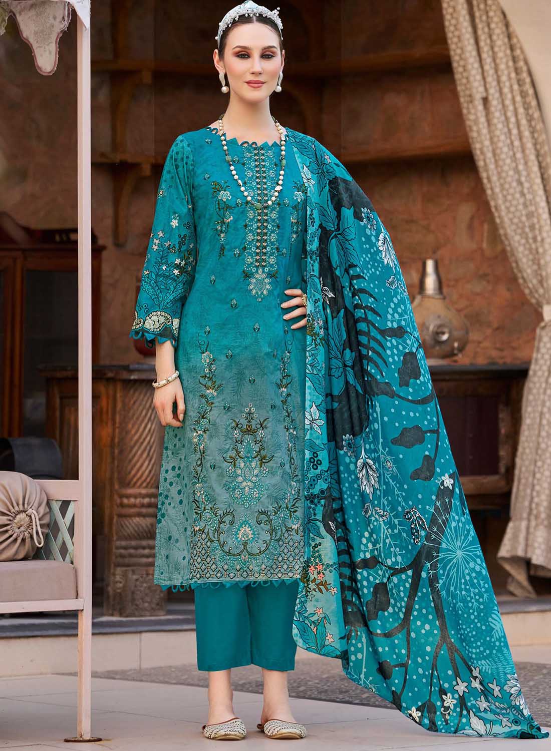 Soft Pure Cotton Pakistani Print Unstitched Suit Material with Embroidery