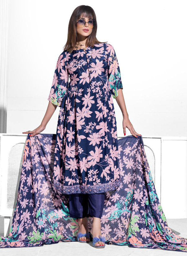 Party Wear Pure Muslin Dark Blue Unstitched Suit Set Dress Material