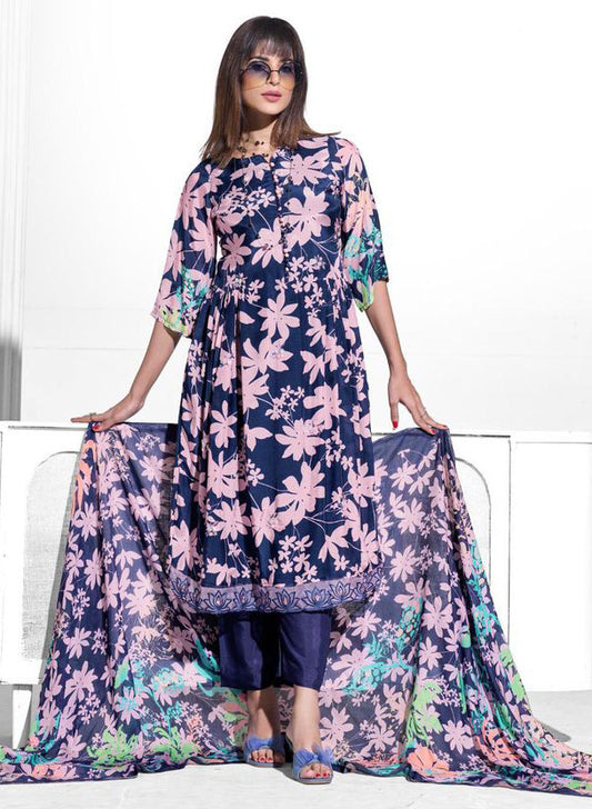 Party Wear Pure Muslin Dark Blue Unstitched Suit Set Dress Material