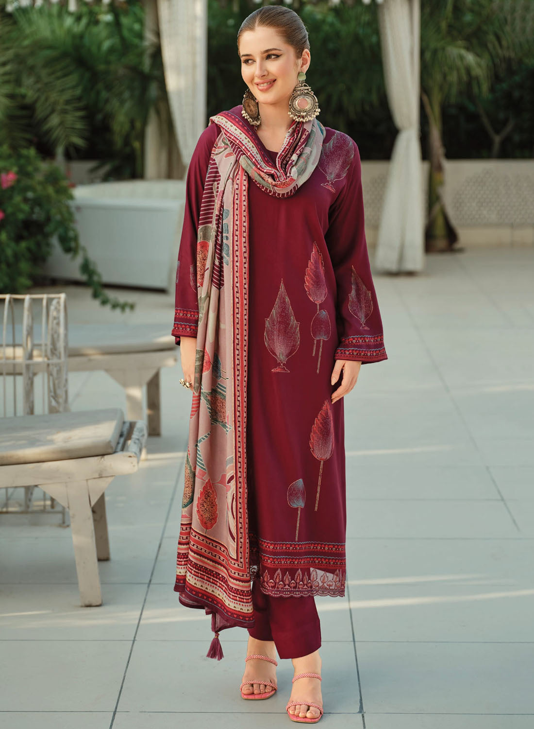 Magenta Purple Pashmina Printed Unstitched Winter Suit Dress Material
