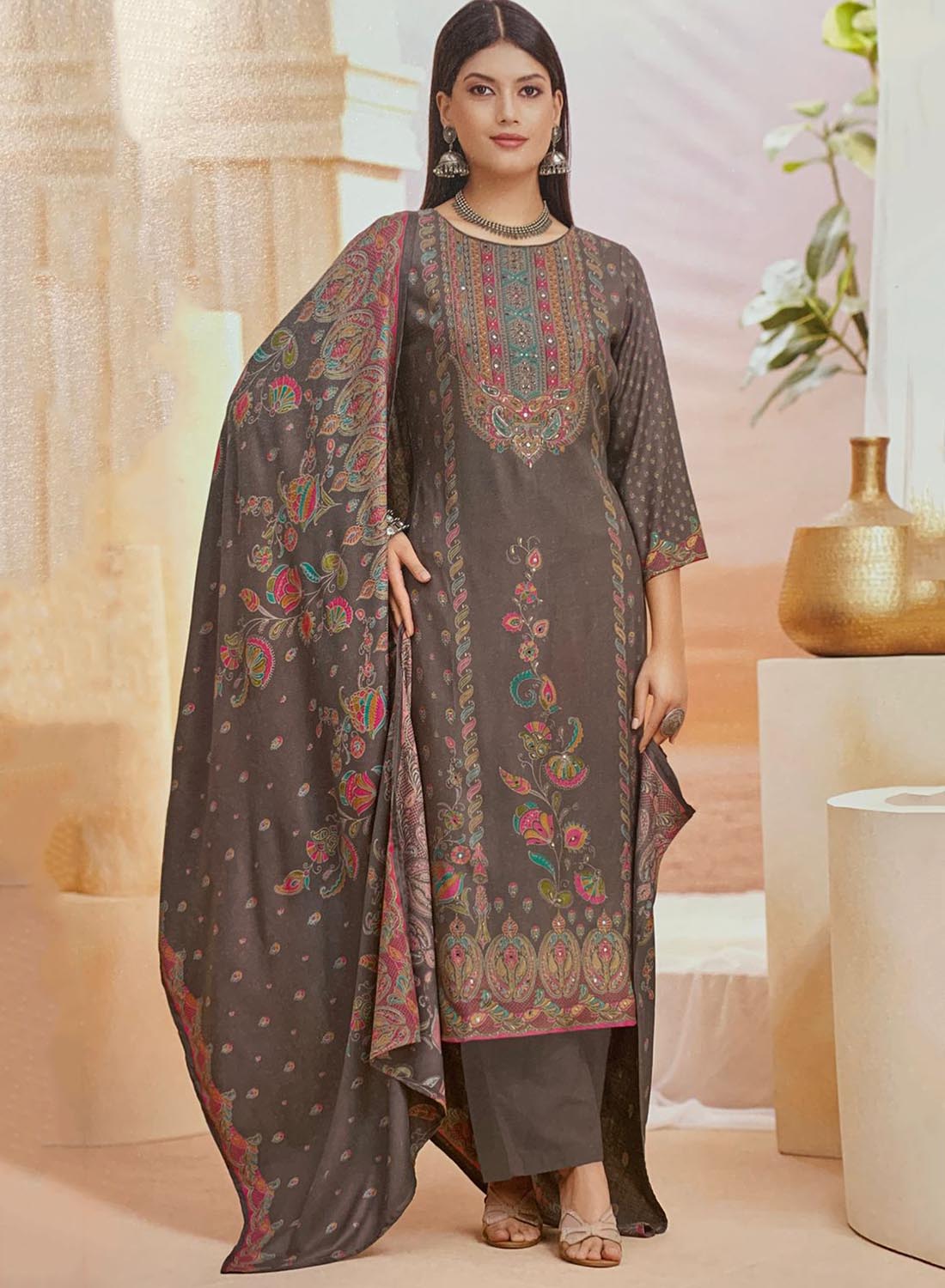 Dark Brown Pashmina Unstitched Winter Salwar Suit Set Material for Women