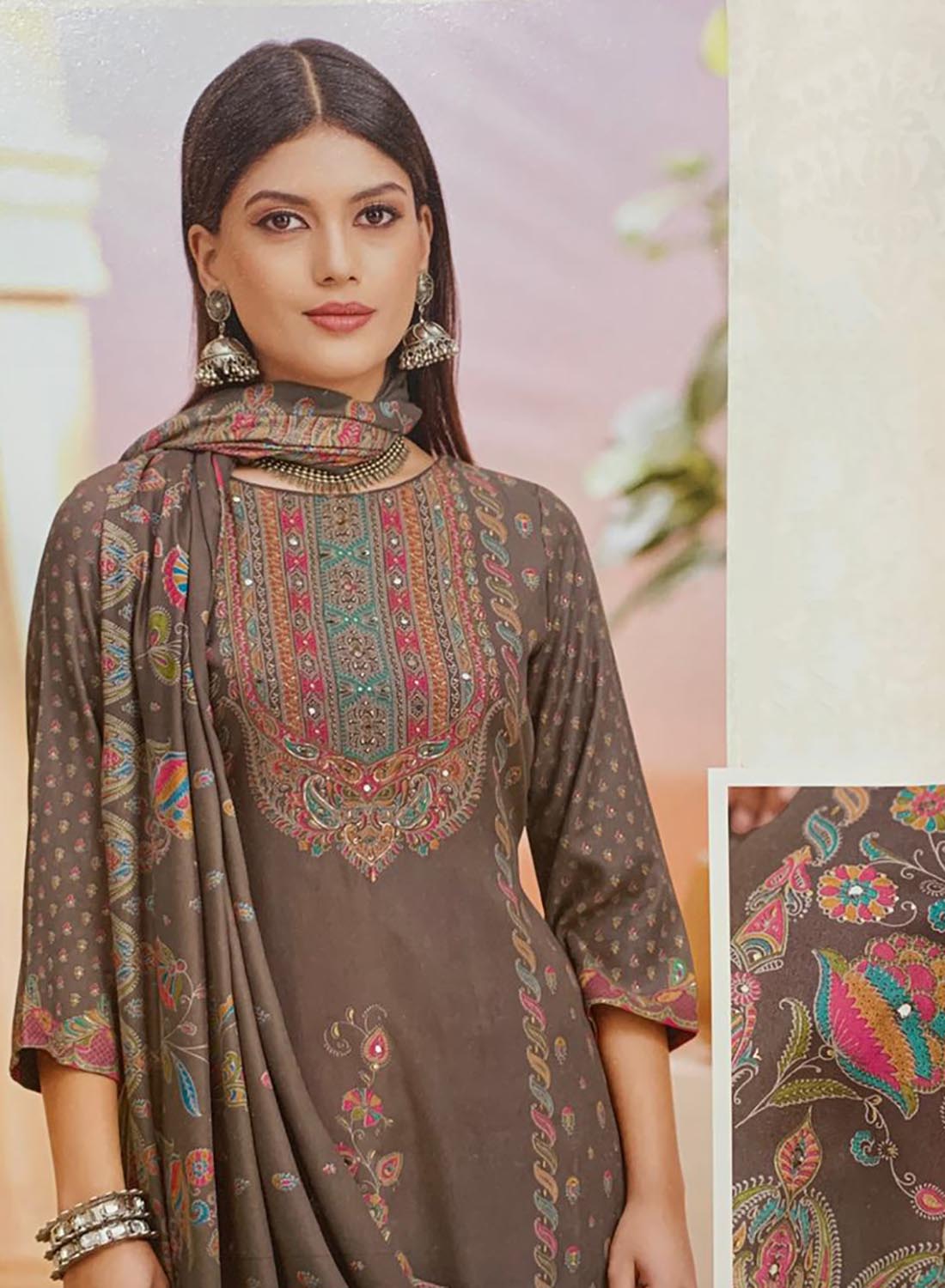 Dark Brown Pashmina Unstitched Winter Salwar Suit Set Material for Women