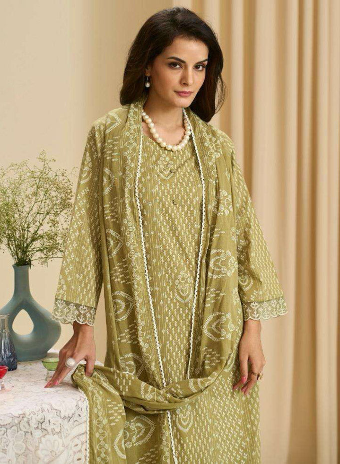 Olive Green Pure Cambric Cotton Unstitched Suit Set with Embroidery