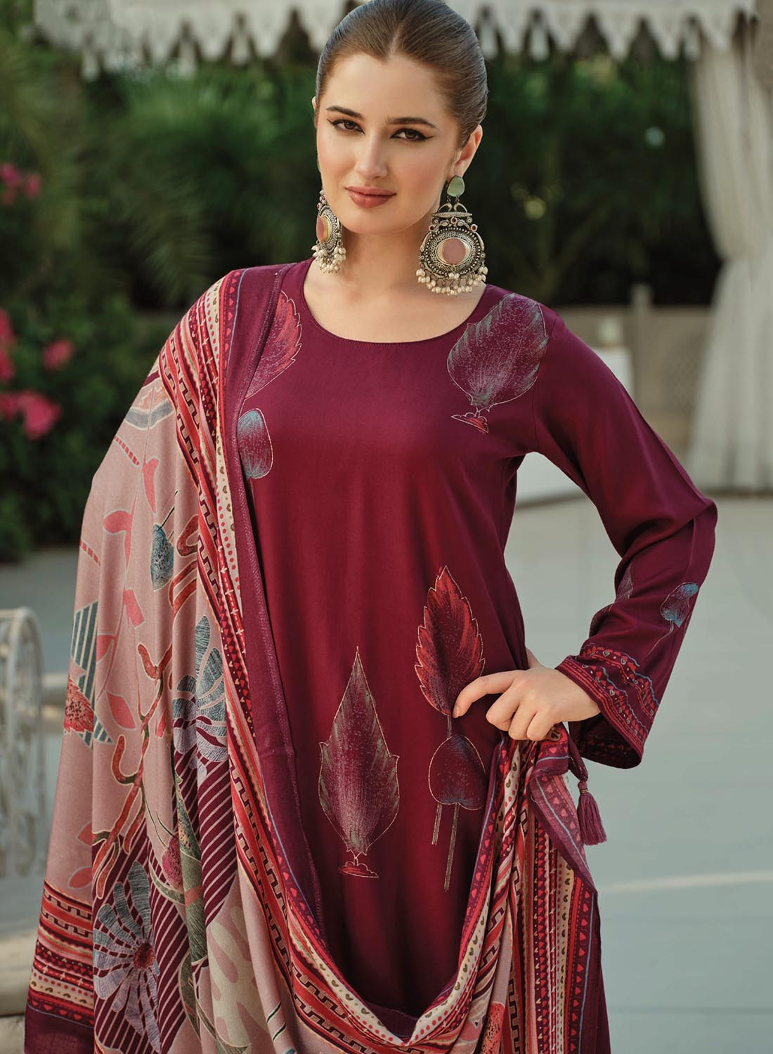 Magenta Purple Pashmina Printed Unstitched Winter Suit Dress Material