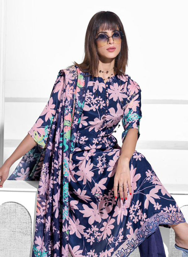 Party Wear Pure Muslin Dark Blue Unstitched Suit Set Dress Material