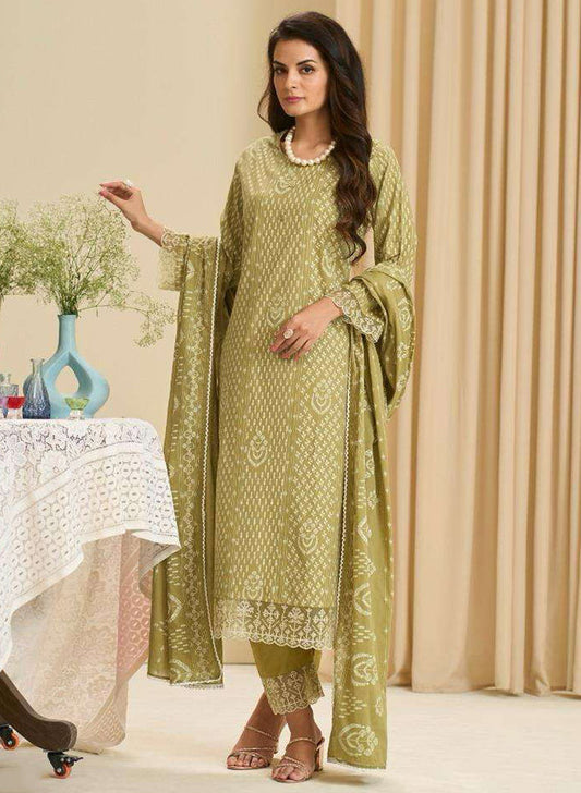 Olive Green Pure Cambric Cotton Unstitched Suit Set with Embroidery