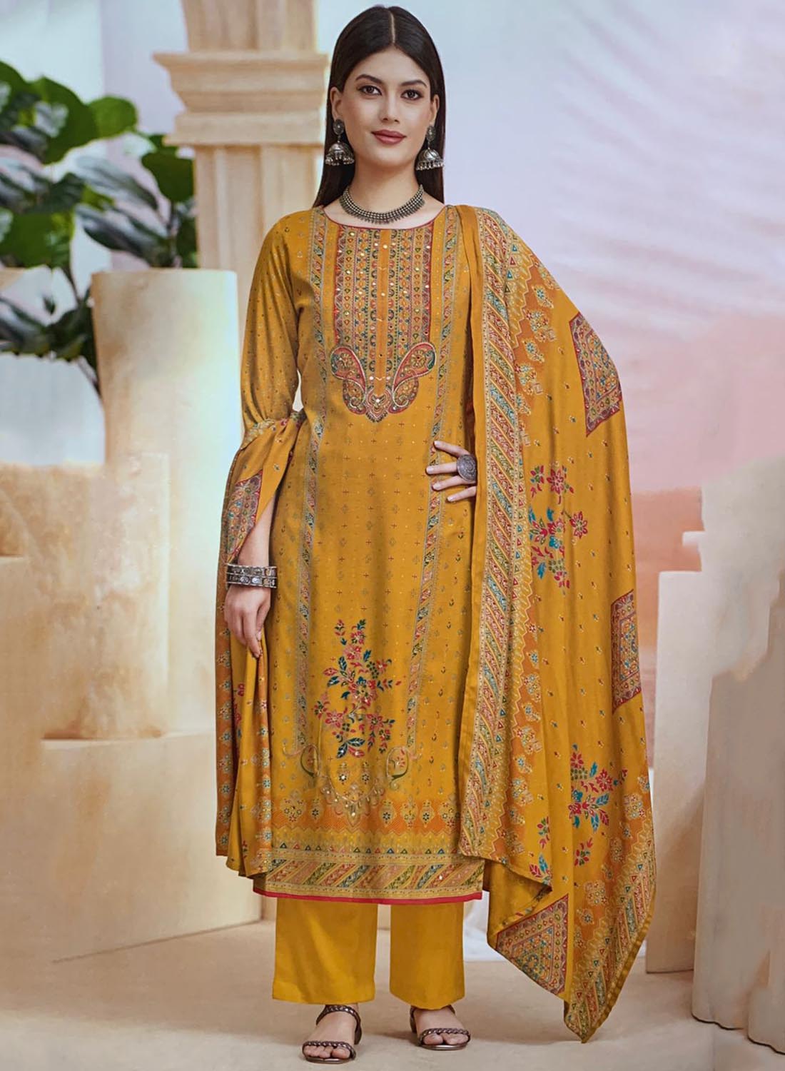 Mustard Pashmina Unstitched Winter Salwar Suit Set Material for Women