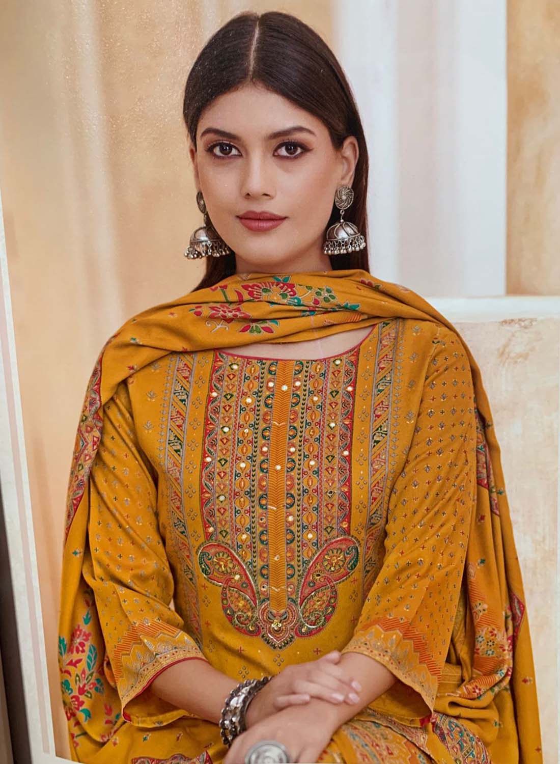 Mustard Pashmina Unstitched Winter Salwar Suit Set Material for Women