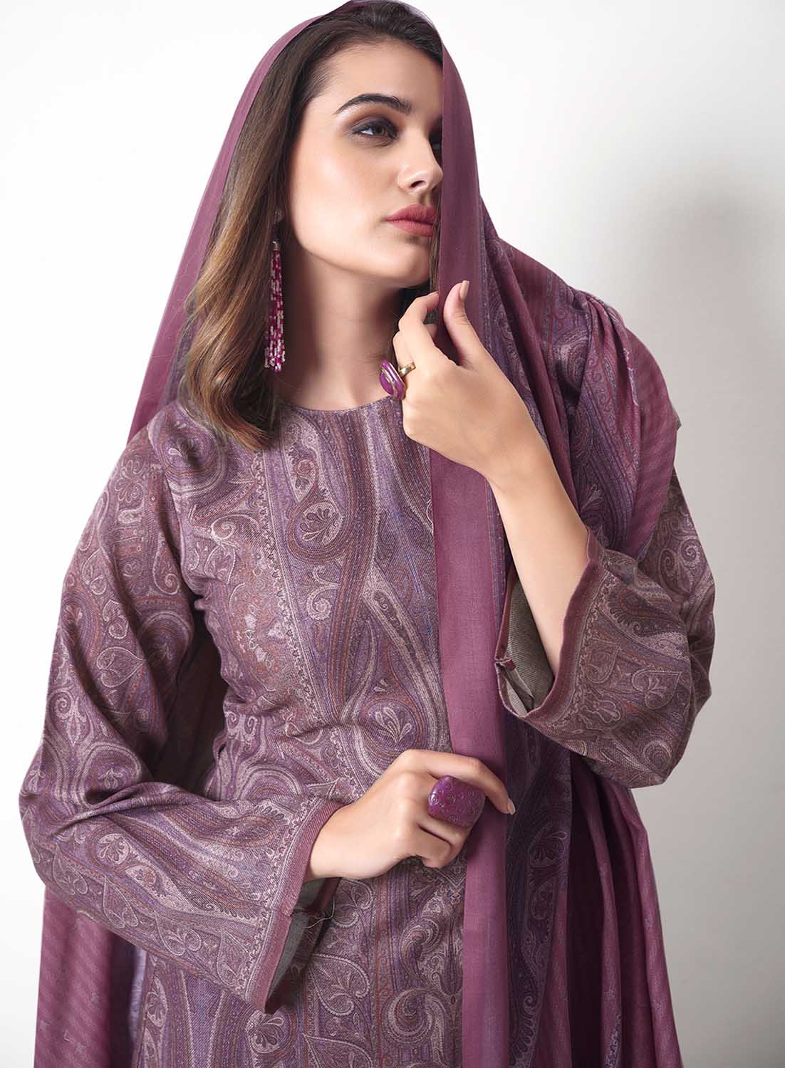 Mauve Unstitched Pashmina Winter Salwar Suits Fabric for Ladies