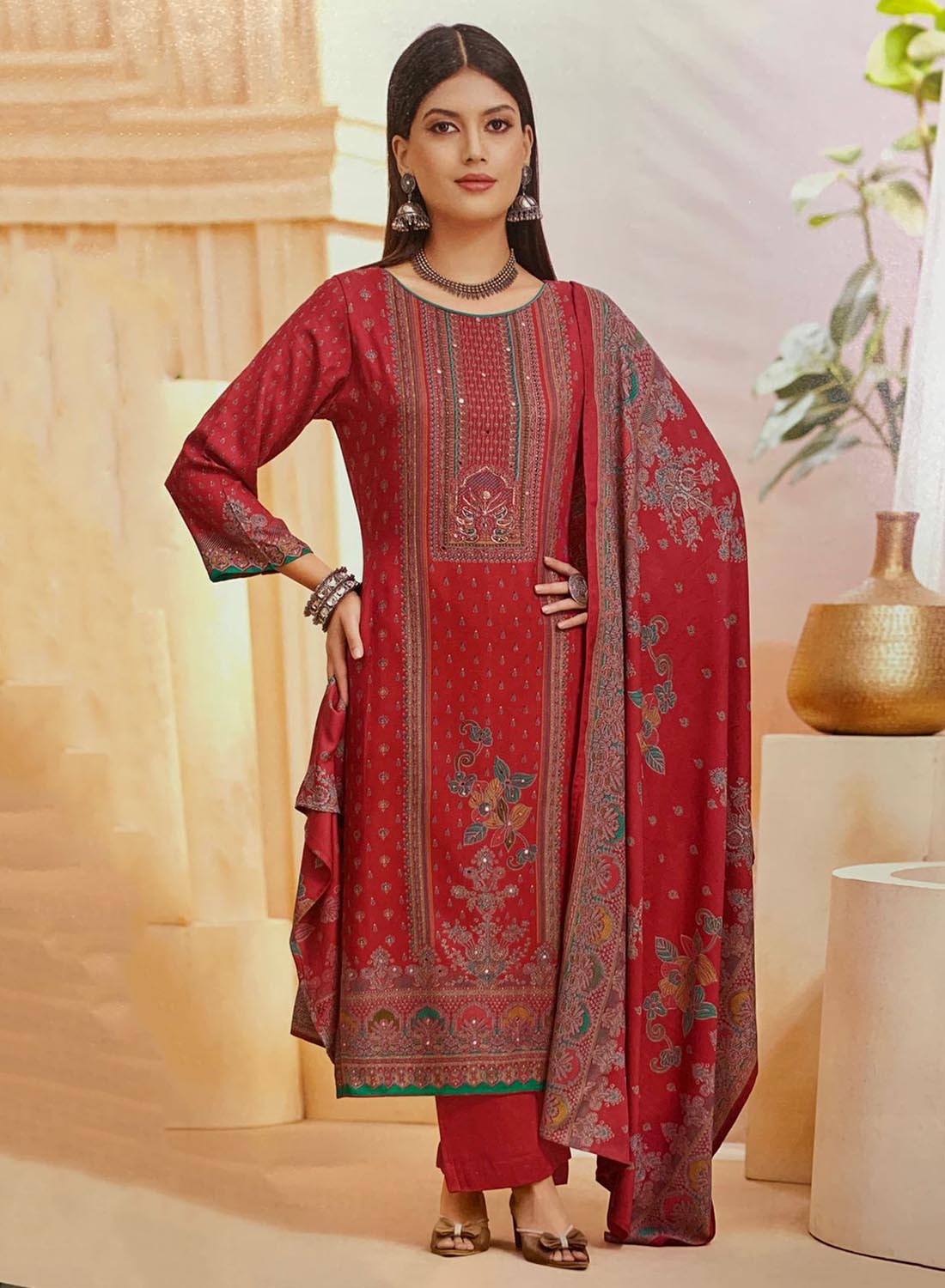 Red Pashmina Unstitched Winter Salwar Suit Set Material for Women