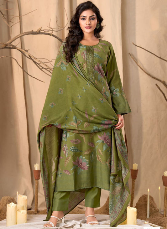 Green Muslin Silk Unstitched Salwar Suit Fabric Material for Women