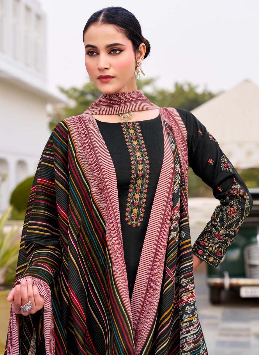 Black Cotton Satin Unstitched Salwar Suit Dress Material with Embroidery