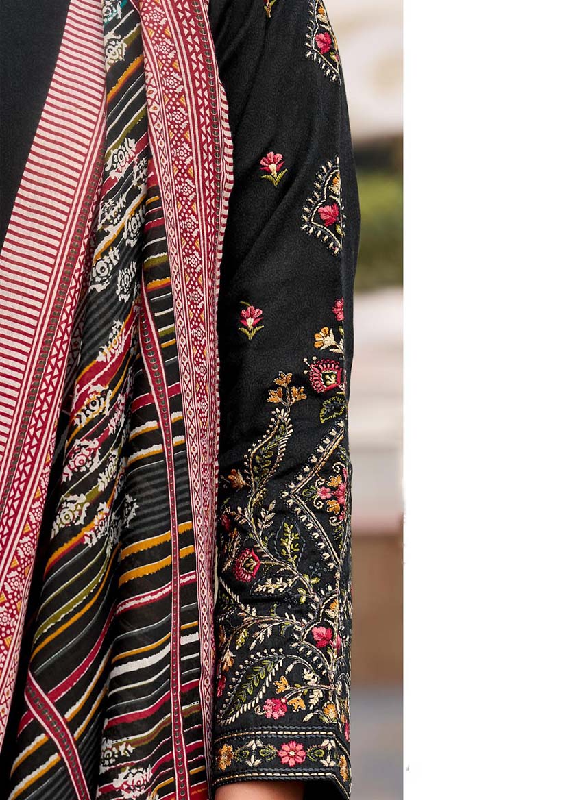 Black Cotton Satin Unstitched Salwar Suit Dress Material with Embroidery