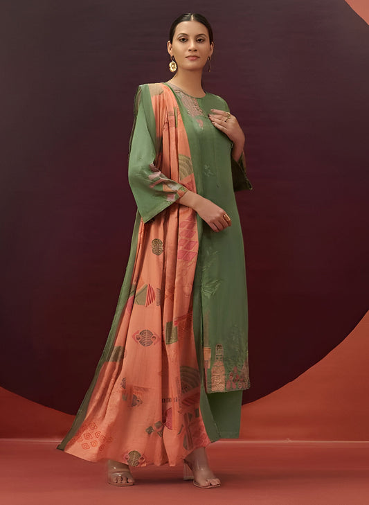 Green Printed Unstitched Cotton Satin Suit Dress Material for Women