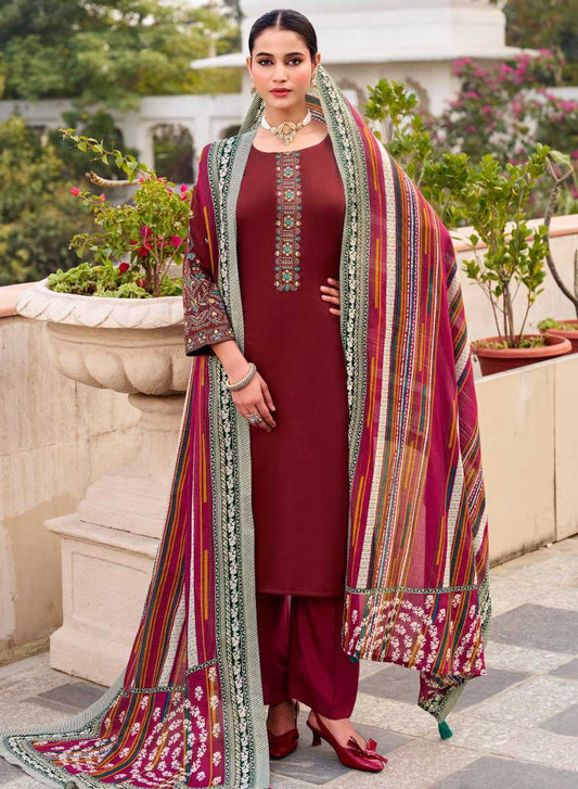 Maroon Cotton Satin Unstitched Salwar Suit Dress Material with Embroidery