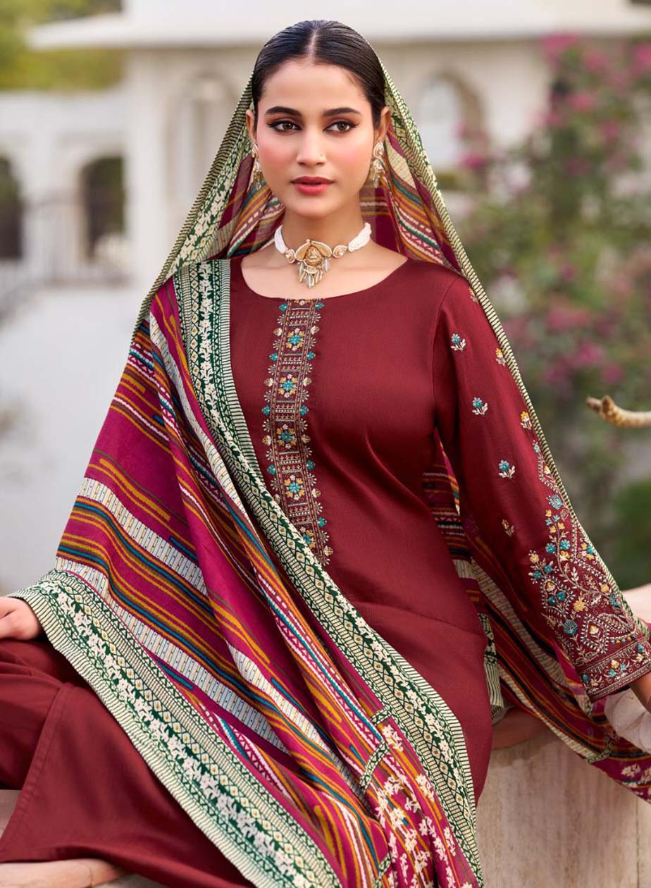 Maroon Cotton Satin Unstitched Salwar Suit Dress Material with Embroidery