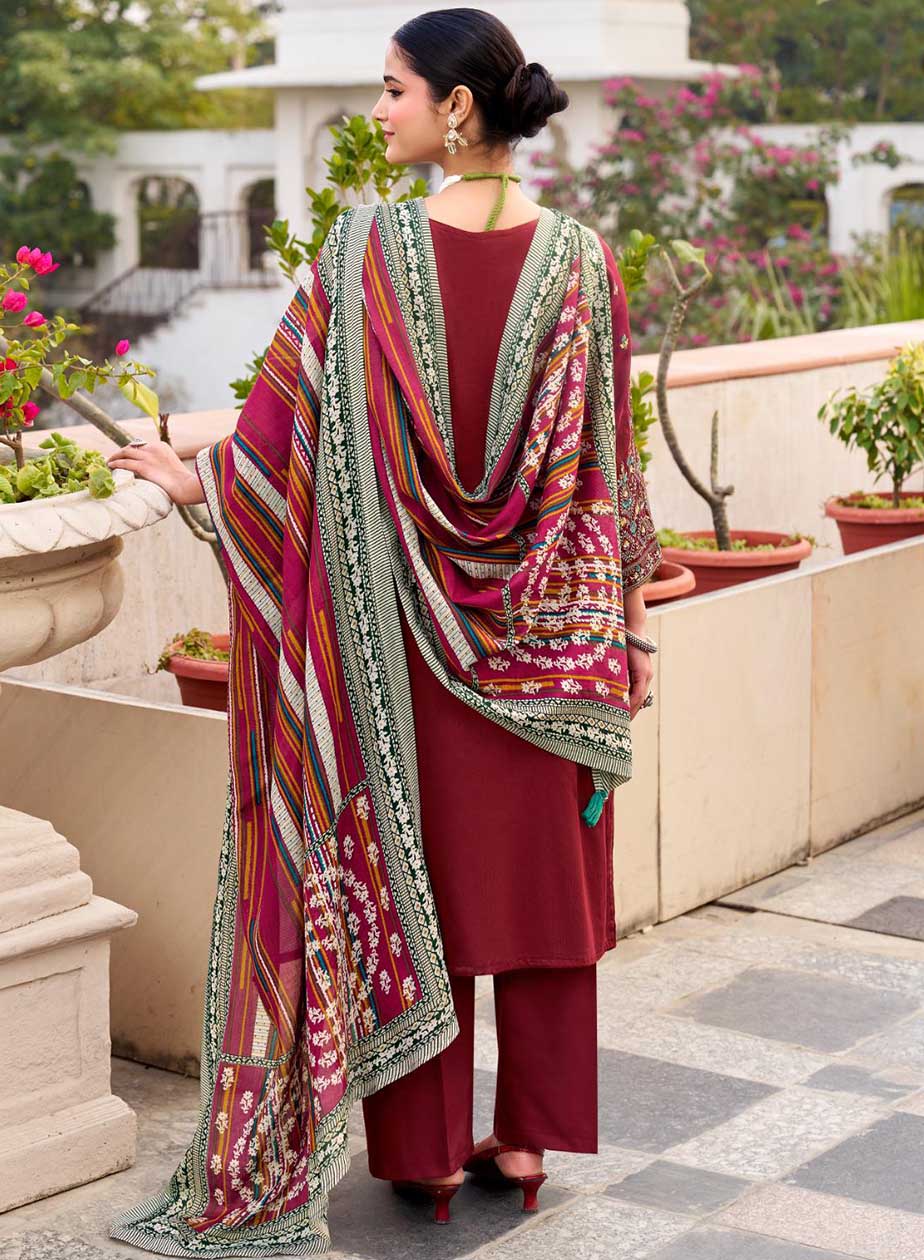 Maroon Cotton Satin Unstitched Salwar Suit Dress Material with Embroidery