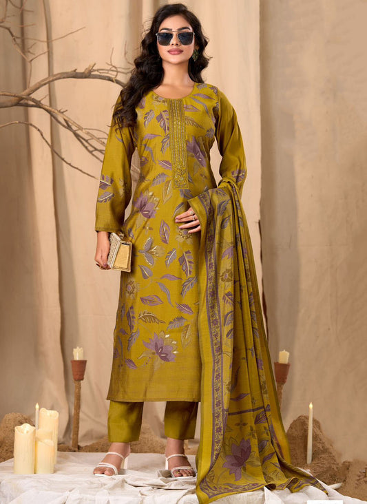 Mustard Muslin Silk Unstitched Salwar Suit Fabric Material for Women