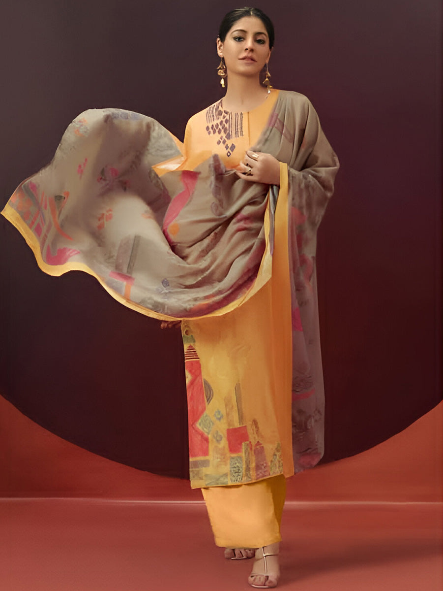 Yellow Printed Unstitched Cotton Satin Suit Dress Material for Women S Nirukth