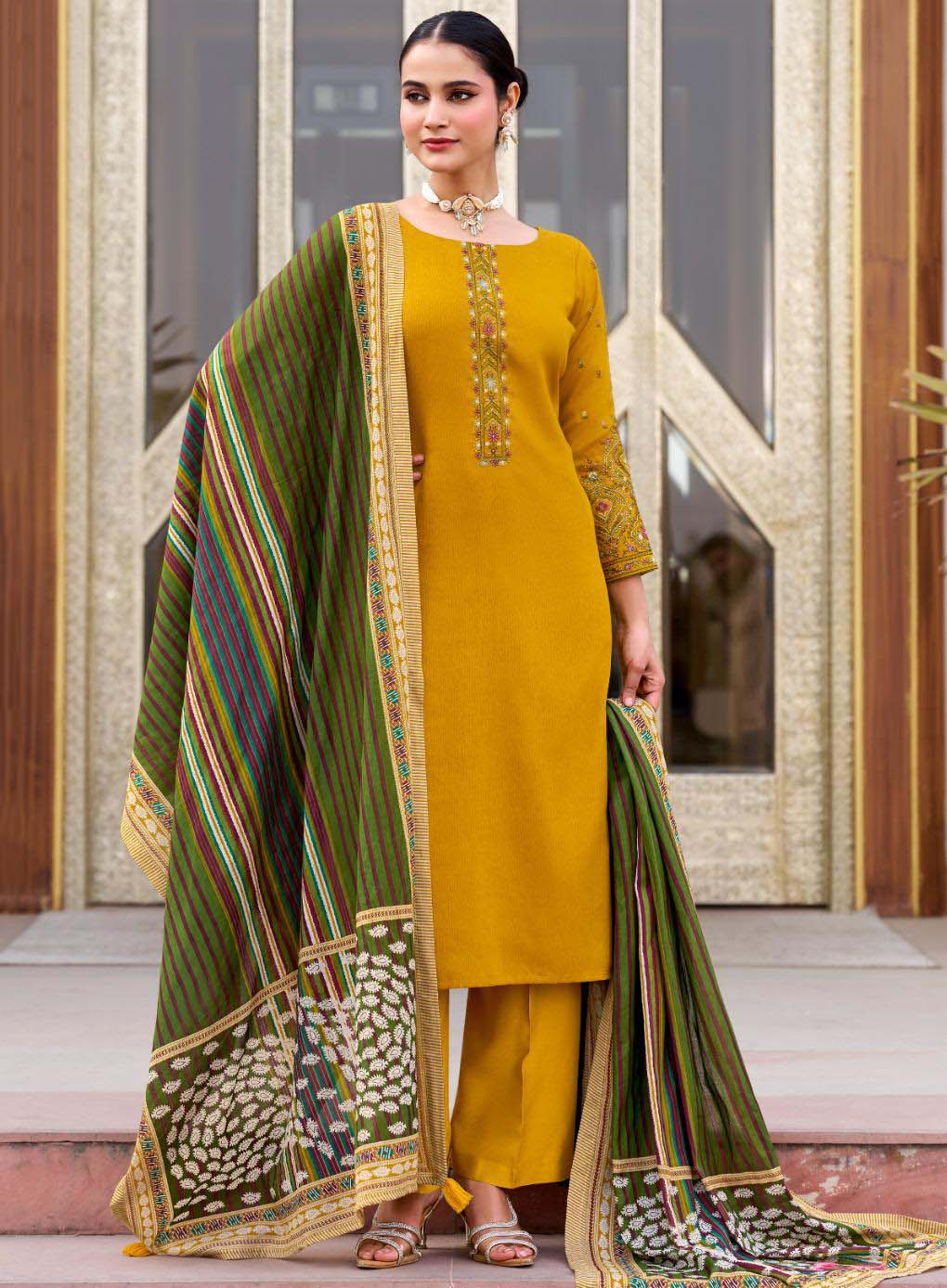 Mustard Cotton Satin Unstitched Salwar Suit Dress Material with Embroidery