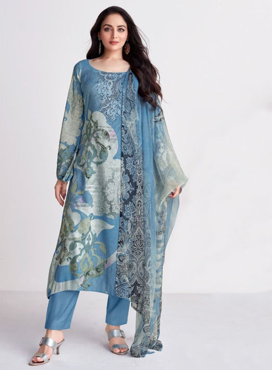 YesFab Blue Pure Cotton Printed Unstitched Suit Material for Women