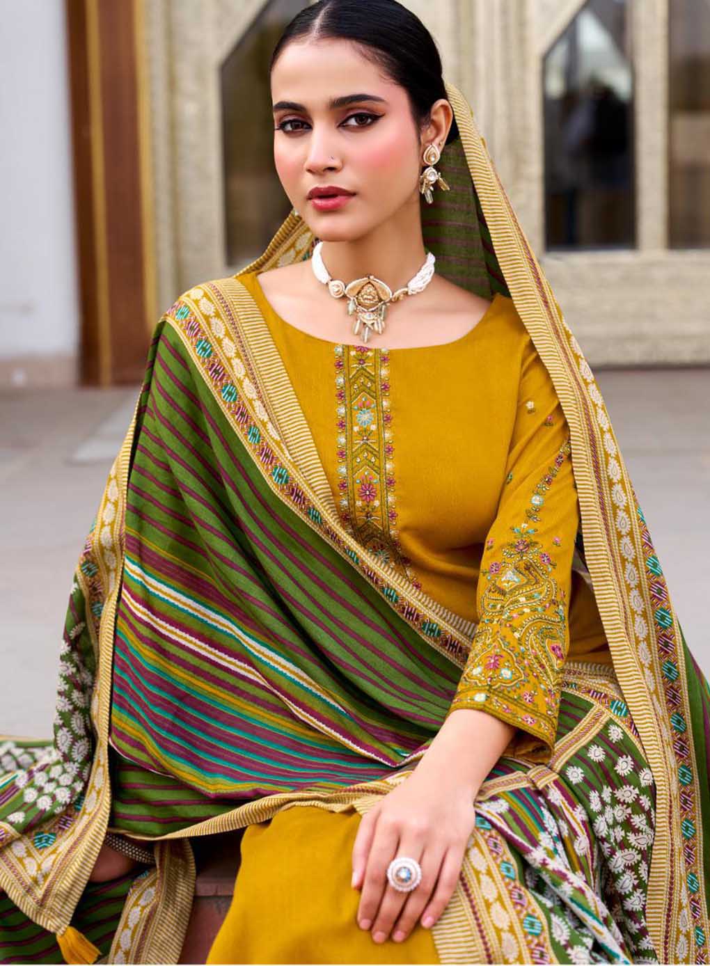 Mustard Cotton Satin Unstitched Salwar Suit Dress Material with Embroidery
