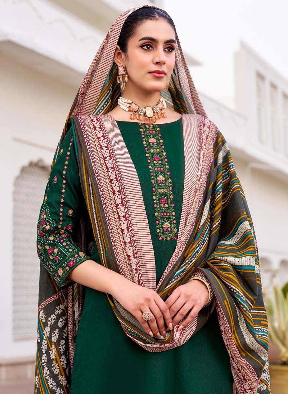 Green Cotton Satin Unstitched Salwar Suit Dress Material with Embroidery