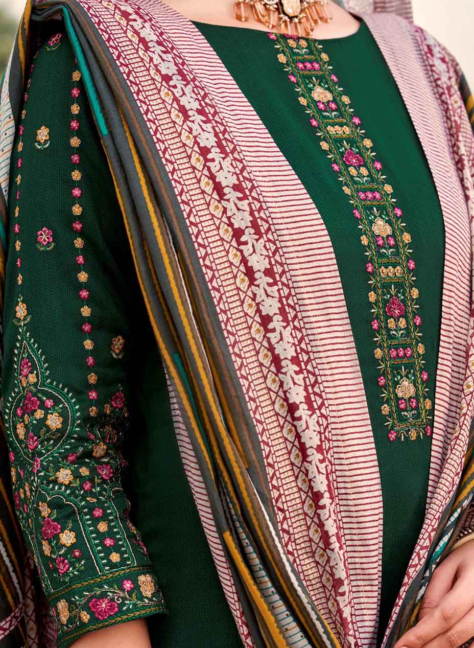 Green Cotton Satin Unstitched Salwar Suit Dress Material with Embroidery