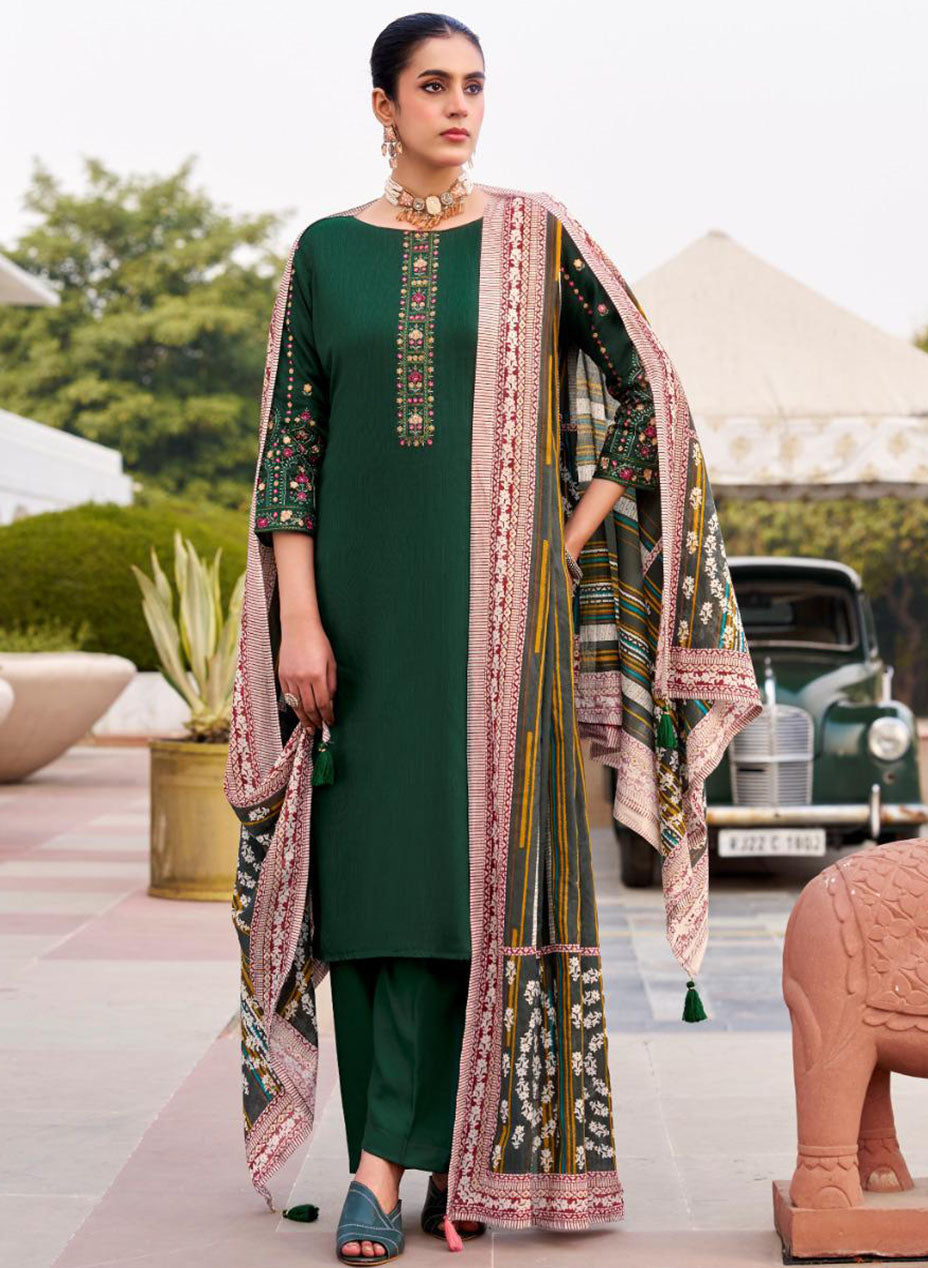 Green Cotton Satin Unstitched Salwar Suit Dress Material with Embroidery