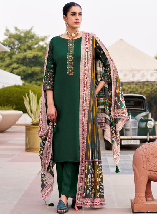 Green Cotton Satin Unstitched Salwar Suit Dress Material with Embroidery
