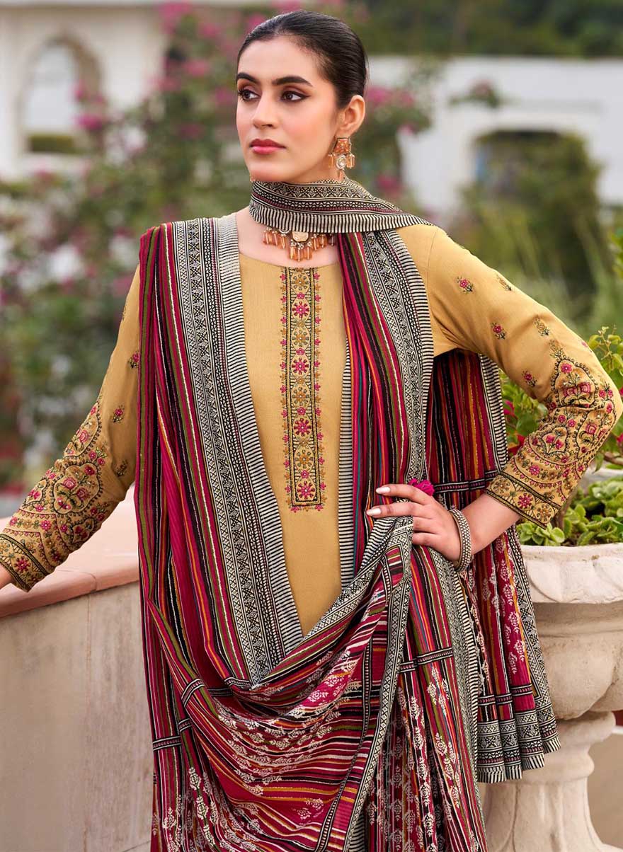 Beige Cotton Satin Unstitched Salwar Suit Dress Material with Embroidery