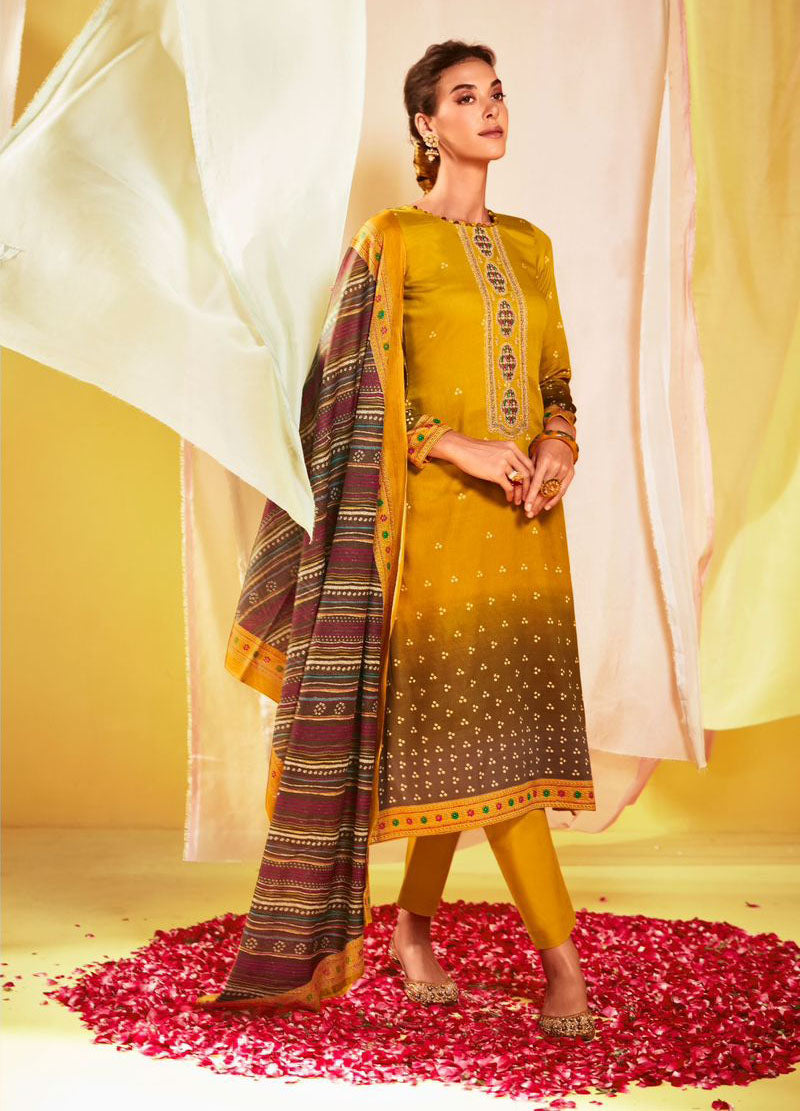 Embroidered Cotton Satin Unstitched Suit Set Yellow Mumtaz Arts